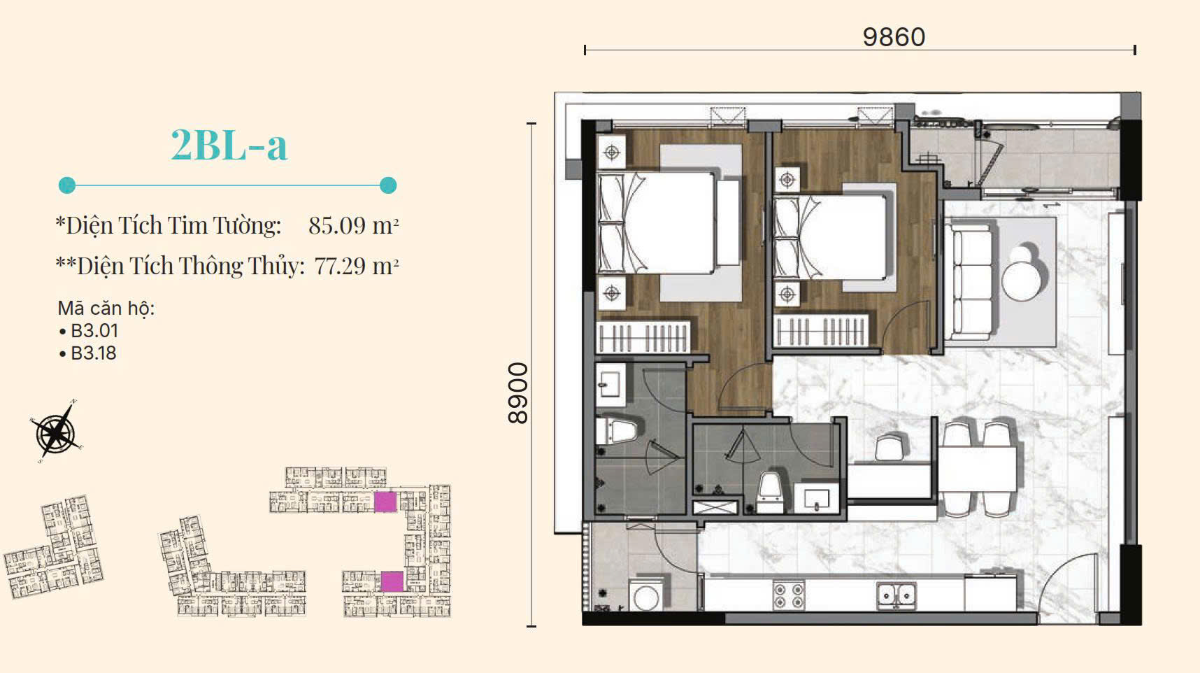 Mặt bằng căn 2BL-a Gladia Heights