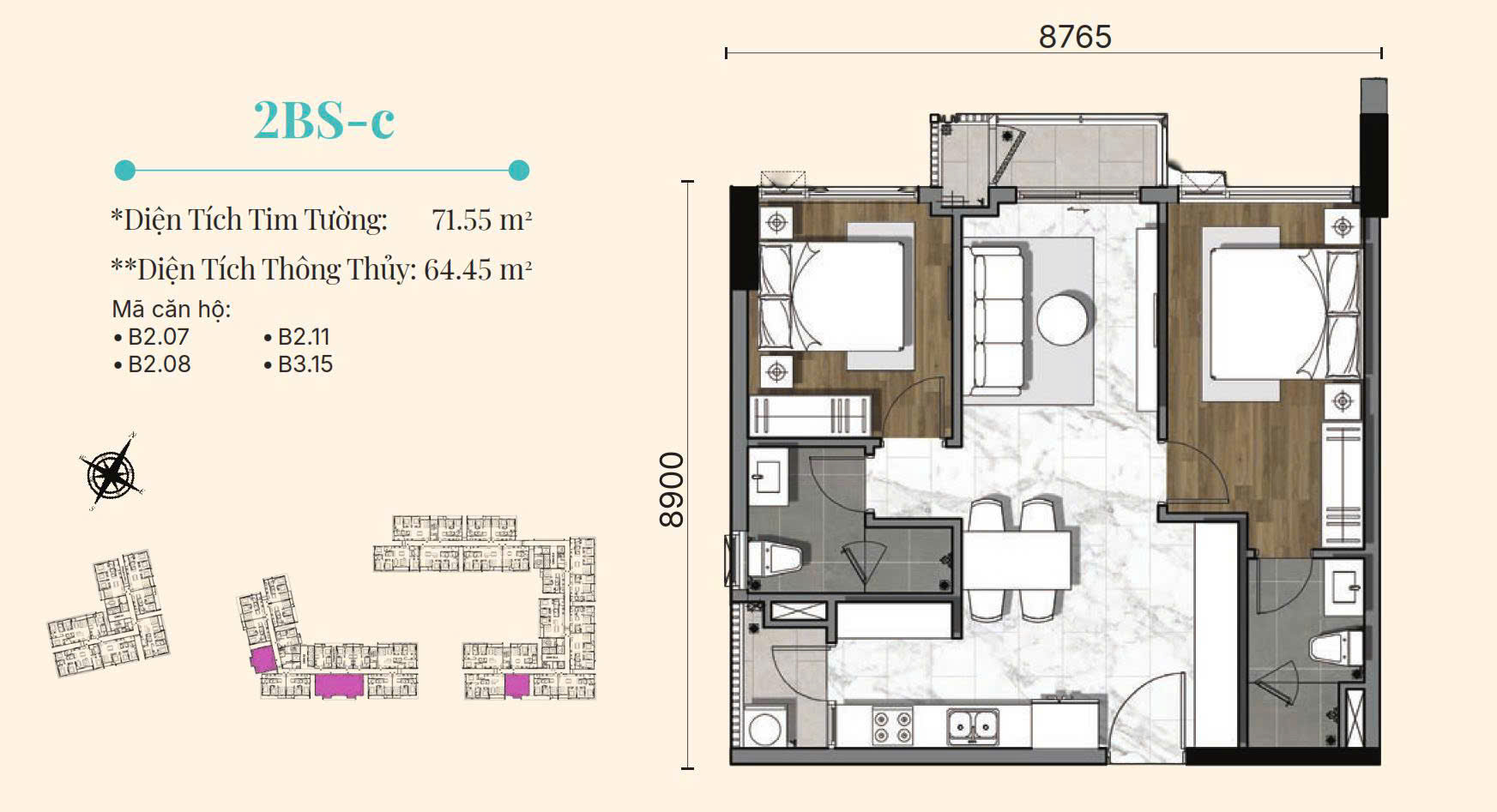 Mặt bằng căn 2BS-c Gladia Heights