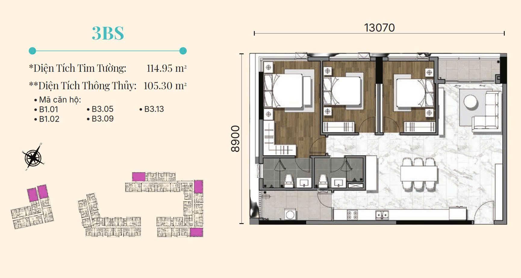 Mặt bằng căn 3BS Gladia Heights
